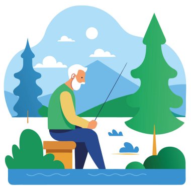 Yaşlı bir adam ve genç bir çocuk, yüksek ağaçlarla çevrili sakin bir göl kenarında huzurlu bir balık avının tadını çıkarıyorlar. Yapay zekanın doğayla özel bir bağ kurması. Vektör simgesi