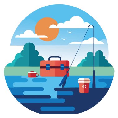 Düzgün düzenlenmiş bir olta kutusu ve göl kenarında olta ile sakin bir balık tutma yeri. Sabah gökyüzünün yansımalarıyla dingin bir göl. Minimalist su sitili. Yapay zeka üretildi. Vektör simgesi