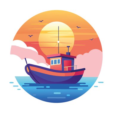 Titrek sularda yüzen küçük bir balıkçı teknesi. Güneş ışığından canlı renkler yansıtıyor. Huzurlu sahne, doğanın güzelliğini ve okyanusun sükunetini yakalar. Yapay zeka üretildi. Vektör simgesi