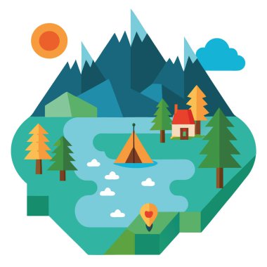 Kamp haritasını hazırla. Yaz kampı geçmişi. Vector doğa klipsleri ya da dağlı bilgi elementleri. Ağaçlar. Orman. River. Yürüyüş. Yürüyüş ya da kamp ateşi planında yapay zeka üretildi. Vektör simgesi