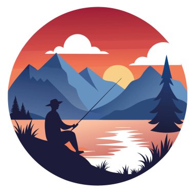 Gün batımında sakin bir balık avı sahnesi. Ağaçlar ve dağlarla çevrili sakin göle döküm hattı. Sıcak renkler huzur ve rahatlama hissi uyandırır. Yapay zeka üretildi. Vektör simgesi