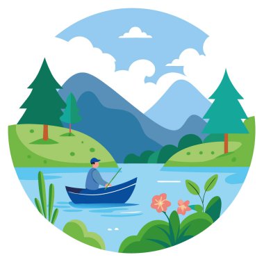 Bereketli yeşilliklerle çevrili küçük bir teknede yalnız bir balıkçının olduğu sakin bir bahar gölü sahnesi. Kır çiçekleri açıyor. Sakin sulara yansıyan yuvarlanan tepeler yapay zeka oluşturdu. Vektör simgesi