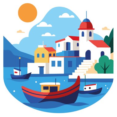 Açık mavi gökyüzü ve güneş ışığı dalgaların üzerinde sallanan renkli balıkçı tekneleriyle bir sahil köyü limanını aydınlatıyor. Etrafı antikalarla çevrili. Beyazlatılmış evler yapay zeka üretiyor. Vektör simgesi