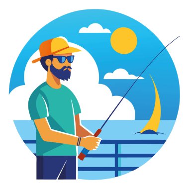 Yat korkuluğuna dayanmış güneş gözlüklü ve şapkalı bir balıkçı. Elinde olta kamışı. Işıl ışıl okyanus dalgalarıyla çevrili ve güneşli bir gökyüzünün altında canlı mavi bir deniz yapay zeka üretiyor. Vektör simgesi