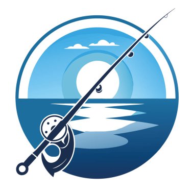 Balıkçı oltası ve makara, dingin okyanus zeminine karşı metalik gümüş. Huzur ve macera hissi uyandırıyor. Balık tutanlar ve doğa severler için mükemmel. Yapay zeka üretildi. Vektör simgesi