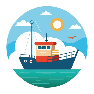 Güneşli bir günde sakin sularda yüzen balıkçı teknesinin özelleştirilebilir yarı düz bir çizimi. Trol balıkçılığı için yapay zekanın oluşturduğu yarı düz çizim. Vektör simgesi