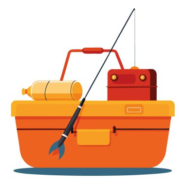 Teknedeki olta ve olta kutusuna yakın çekim. Balıkçılık malzemeleriyle dolu canlı turuncu alet çantası. Sakin su, balık tutma gününün sakinliğini yansıtır. Yapay zeka üretildi. Vektör simgesi