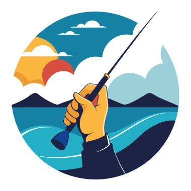 Okyanus dalgalarının arka planında oltayı tutan bir balıkçının ellerine odaklanmış bir bakış. Rahatlamanın ve deniz kenarındaki açık hava macerasının özünü yakalıyorum. Yapay zeka üretildi. Vektör simgesi