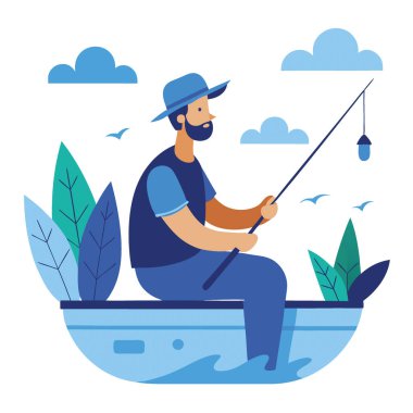 Mavi gömlekli ve şapkalı bir adam. Bir balıkçı teknesinde oturuyordu. Muhtemelen balıkçılık faaliyetinde. Görüntü sakin bir şekilde temsil ediliyor. Yapay zekanın ürettiği doğa ve su ile açık hava yaşam tarzı. Vektör simgesi