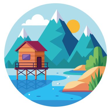 Dağ vadisindeki göl kıyısındaki Stilt House. Küçük ahşap kulübesi olan doğa manzarası. Nehirdeki rıhtım ve kayalar. Göl kıyısında balıkçı kulübesi. vektör karikatür çizimi. Yapay zeka üretildi. Vektör simgesi