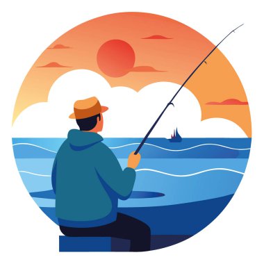 Bir balıkçı gün doğumunda açık deniz balık avına çıkar ve denize dökülür. Açık okyanusta ufka bakıyorlar. Tekne gezisinde olta tutuyordu. Yapay zeka üretildi. Vektör simgesi