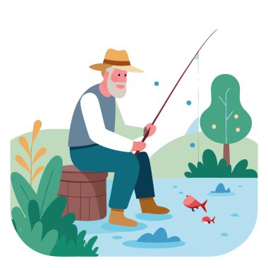 Deneyimli kıdemli balıkçı sabahı. Sakin bir balık tutma gölü hobisi. Barışçıl güneş doğuşu nehir doğası. Açık havada dinlenme huzuru. Aktif düşünceli pastoral. Yapay zeka üretildi. Vektör simgesi
