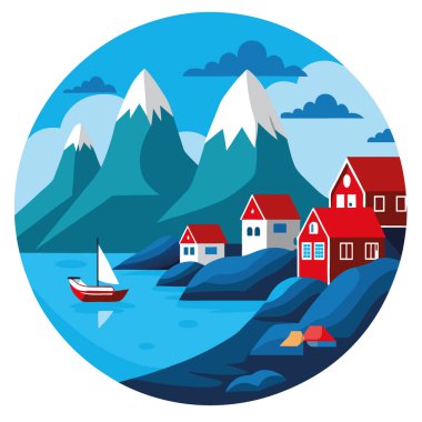 Norveç denizi ve kızıl evlerinin yanı sıra Sakriya balıkçı köyünün göz kamaştırıcı panoramik manzarası. Uzakta Lofoten Adaları var. Al 'in ürettiği popüler bir turizm merkezi. Vektör simgesi