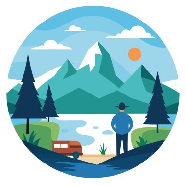 Huzurlu bir sabah sahnesinde sakin bir gölün kenarında yalnız bir balıkçı vardı. Arka planda puslu tepelerle çevrili bir kampçı duruyor. Doğa, yapay zekanın yarattığı barış ve yansımaya ilham verir. Vektör simgesi