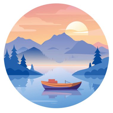 Huzurlu Balıkçı Tekneleri Şafakta Huzur Gölü 'nde Sis Yükseliyor. Doğa ve Açık Hava Hevesleri için mükemmel. Sabah Işığı 'nı ve Sudaki Yansımaları Yakalıyorum. Yapay zeka üretildi. Vektör simgesi