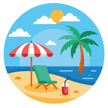 Yaz tatili geçmişi ve rahatlatıcı plaj sahnesi. Açık mavi gökyüzü. Ve metin için kopyalama alanı - tatil promosyonları için ideal. seyahat blogları. ve tatil planlama. Yapay zeka üretildi. Vektör simgesi