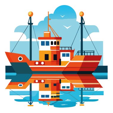 İki Parlak Turuncu Balıkçı Gemisi Mavi Gökyüzü ve Sakin Sudaki Yansımalar ile Huzur Limanı 'na yanaştı. Endüstriyel Deniz Faaliyetleri ve Denizcilik Yaşam Tarzı. Yapay zeka üretildi. Vektör simgesi