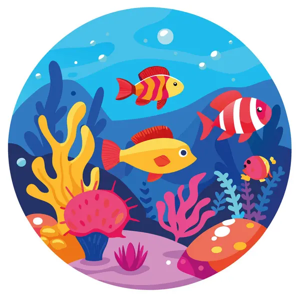 Canlı bir sualtı dünyası, hareketli bir mercan resifini gözler önüne seriyor. Parlak mavi sularda deniz şakayıkları ve mercanların arasında yüzen renkli balıklarla. Yapay zeka üretildi. Vektör simgesi