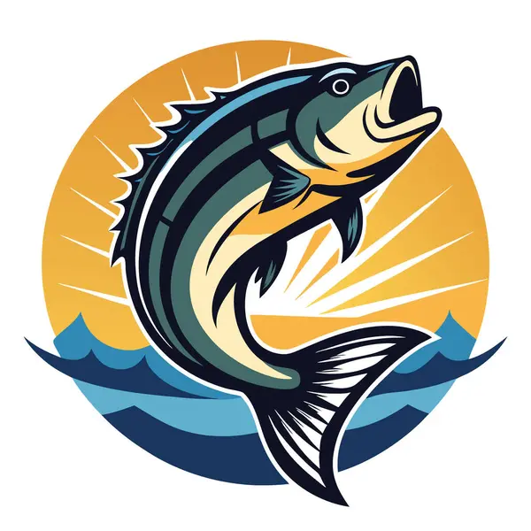 Zarif bir levrek balığı sakin sudan dramatik bir şekilde atlar. Güneş ışığı terazisinde parlıyor. Hareket patlamasından yayılan dalgalar yapay zeka oluşturdu. Vektör simgesi