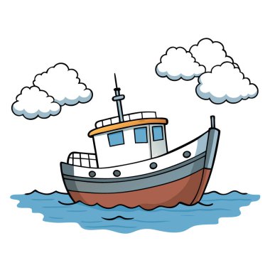 Bulutlu bir gökyüzünün altında sakin sularda yüzen yıpranmış bir balıkçı teknesi yapay zeka oluşturdu. Vektör simgesi