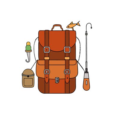 Sırt çantalı Deri Seyahat Aletleri, Balık Aletleri ve Balıklar. Yapay zeka üretildi. Vektör simgesi