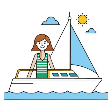 Yaz tatili illüstrasyonunda yatla gezmekten hoşlanan genç bir kadın. Yapay zeka üretildi. Vektör simgesi