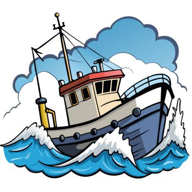 Fırtınalı bir öğleden sonra açık denizde bir balıkçı teknesi dalgalı denizlere göğüs gerer. Yapay zeka üretildi. Vektör simgesi