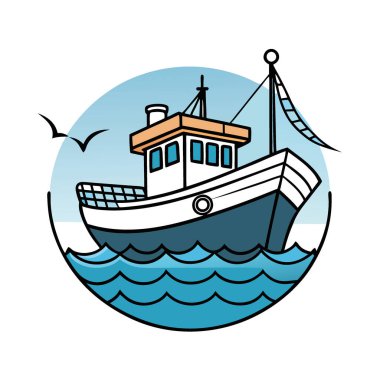 Denizde Yakından Balıkçı Teknesi. Dramatik Okyanus Dalgaları. Ağ. Yakala. Balıkçı kıyafeti. Yapay zeka üretildi. Vektör simgesi