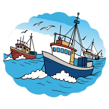 Balıkçı tekneleri açık bir günde Okyanus Dalgaları 'ndan rıhtıma doğru yol alıyorlar. Yapay zeka üretildi. Vektör simgesi