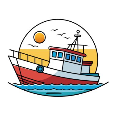 Sahile yakın güneşli bir günde sakin sularda yüzen modern bir balıkçı teknesi. Yapay zeka üretildi. Vektör simgesi