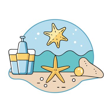 Sanatsal düzene yerleştirilmiş deniz yıldızı ve yaz esasları olan yumuşak kıyı şeridi. Yapay zeka üretildi. Vektör simgesi