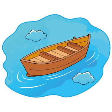 Parlak mavi gökyüzünün altında kristal berrak turkuaz suda yüzen ahşap bir tekne yapay zeka üretti. Vektör simgesi