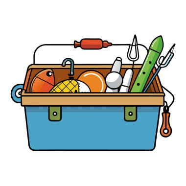 Düzenli bir olta kutusu, çeşitli yem ve balık tutma araçlarıyla yapay zeka üretildi. Vektör simgesi