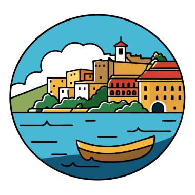 Calabria Scilla şehrinin güzel denizleri ve geleneksel balıkçı tekneleri olan yerleri. Yapay zeka üretildi. Vektör simgesi