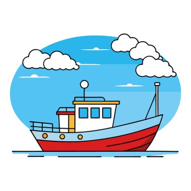 Sakin sularda, mavi gökyüzünün altında tüy gibi bulutları olan bir balıkçı teknesinin sakin bir görüntüsü. Vektör simgesi