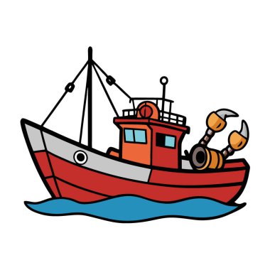 Sakin sularda balıkçı teknesi ve balıkçılık teçhizatı denizde verimli bir güne hazır. Yapay zeka üretildi. Vektör simgesi