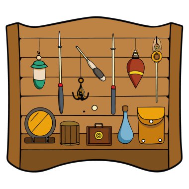 Ahşap duvar panellerinde düzenlenmiş kırsal bir balıkçılık malzemesi ve açık hava ekipmanı. Yapay zeka üretildi. Vektör simgesi