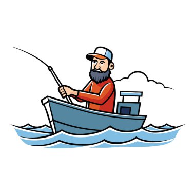 Denizde bir balıkçı teknesinde haşin bir balıkçı. Dramatik Okyanus Sahnesi. Ticari fotoğrafçılık. Yapay zeka üretildi. Vektör simgesi