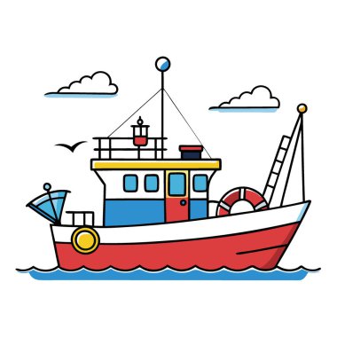 Sakin sularda yüzen balıkçı teknesi kıyı bölgesindeki av için hazırdır. Yapay zeka üretildi. Vektör simgesi