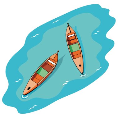 Yukarıdan bak. Turkuaz suda yüzen iki uzun kuyruk teknesinin çarpıcı hava manzarası. Yapay zeka üretildi. Vektör simgesi