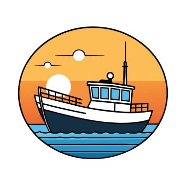 Plum Adası açıklarındaki dingin sularda yüzbaşının teknesinin büyüleyici görüntüsü. Yapay zeka üretildi. Vektör simgesi