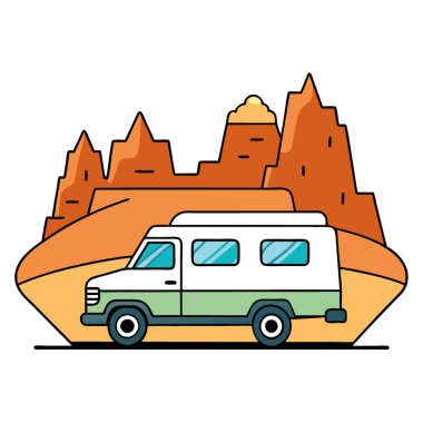 Modern kamp arabası çöl kanyonunda bir yolculuğa çıktı. 3 boyutlu canlandırmada dramatik bir manzara. Yapay zeka üretildi. Vektör simgesi