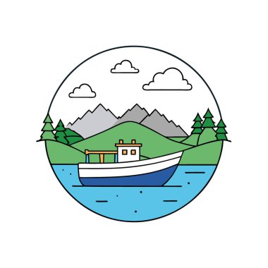 Doğanın Güzelliği ile çevrili, sakin sularda yüzen küçük bir balıkçı teknesinin huzurlu manzarası. Yapay zeka üretildi. Vektör simgesi