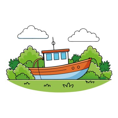 Berrak Yeşillik ve Mavi Gökyüzü ile çevrili Serene Minik Balıkçı Teknesi Sakin Sularda Çapalanıyor. Yapay zeka üretildi. Vektör simgesi