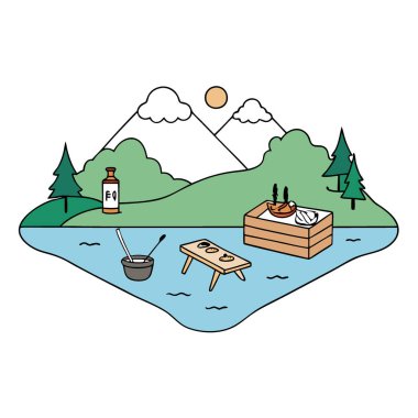 Gözlerden uzak bir göl bölgesinde kırsal bir balık avı. Sahilde havalı bir piknik düzeneği var. Yapay zeka üretildi. Vektör simgesi