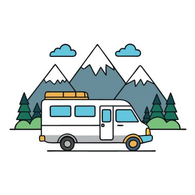 Sakin bir göl kenarına park edilmiş sakin bir karavan. Huysuz bir atmosferde görkemli dağlarla çevrili. Yapay zeka üretildi. Vektör simgesi