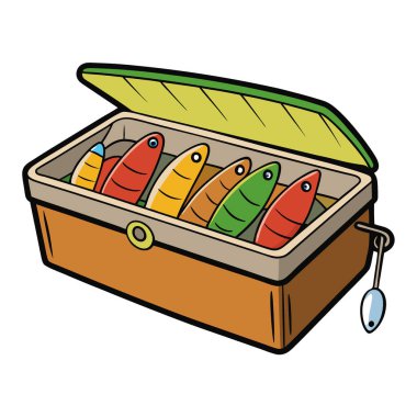 Açık havada ahşap bir yüzey üzerinde dinlenen renkli balık yemleriyle dolu eski bir alet çantası. Yapay zeka üretildi. Vektör simgesi