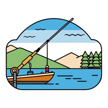 Tekne manzaralı göl manzaralı açık hava hobisi için etkili bir olta tutucu. Yapay zeka üretildi. Vektör simgesi