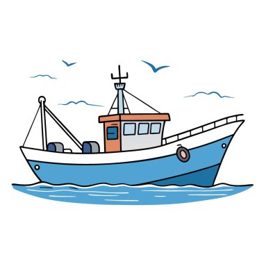 Denizdeki uzun hatlı balıkçı teknesi. Sahne Sahili Ortamı 'nda Sakin Sularda Dolaşmak. Yapay zeka üretildi. Vektör simgesi