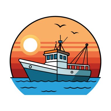 Güneş doğarken okyanusta yüzen bir balıkçı teknesi. Sergilenen sakin sular ve canlı gökyüzü renkleri. Yapay zeka üretildi. Vektör simgesi